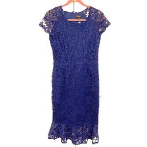 Thalia Sodi Cap Sleeve Jewel Neck Ruffle Hem Lace Midi Dress Sz Medium Navy NWT